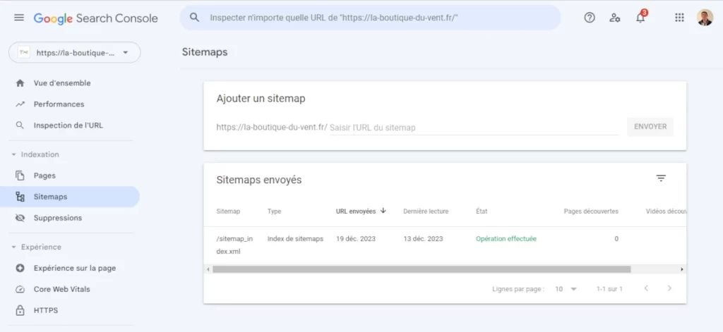 soumission de sitemap dans la search console