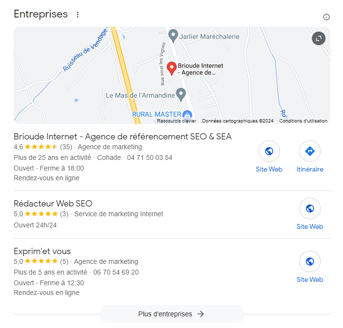 bloc de résultats locaux sur Google